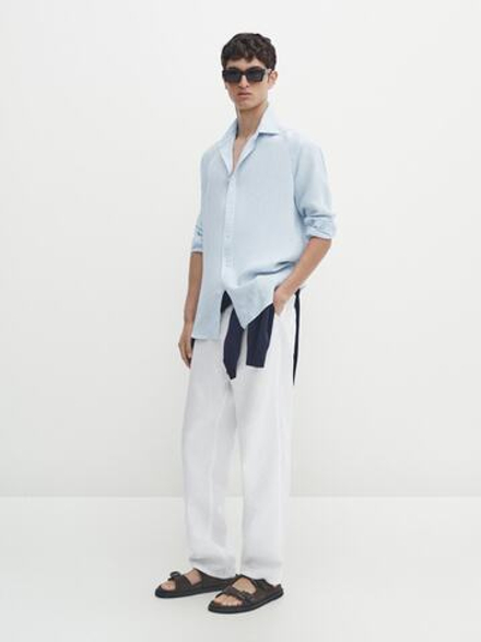 Massimo Dutti 100% льняная приталенная рубашка,  небесно-голубой