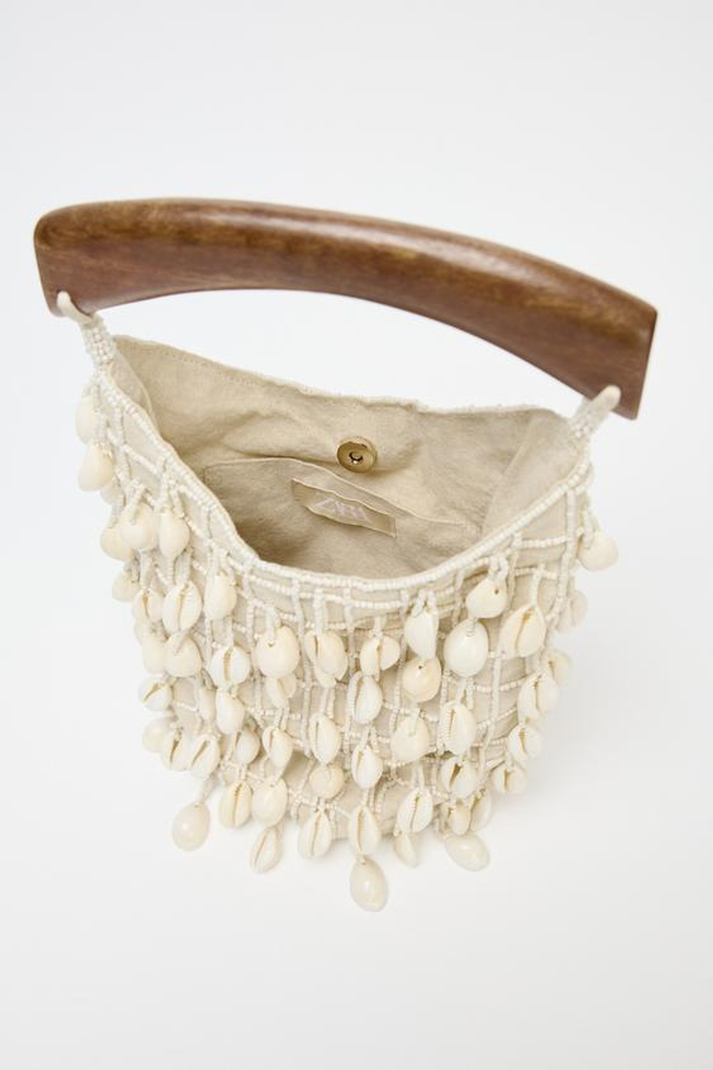 ZARA ТКАНЕВАЯ СУМКА-МЕШОК С БУСИНАМИ, СВЕТЛО-БЕЖЕВЫЙ