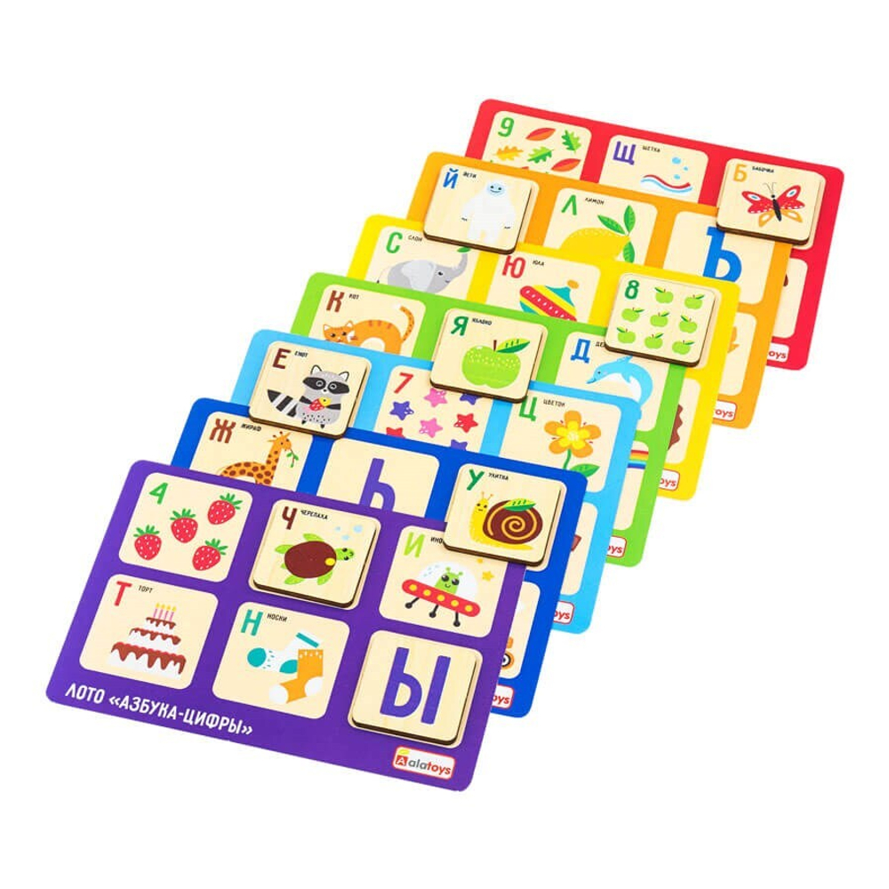 Лото "Азбука - цифры", развивающая игрушка для детей, обучающая игра из дерева