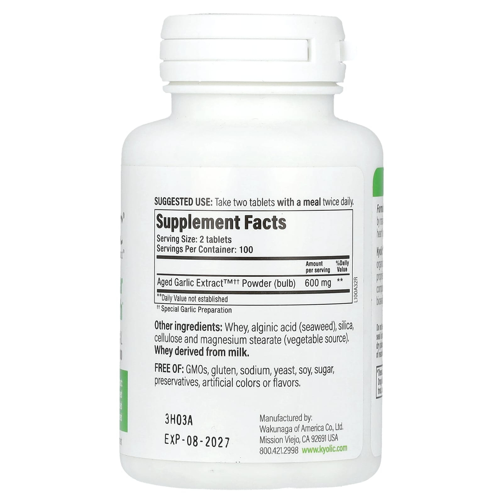Kyolic, Aged Garlic Extract, выдержанный экстракт чеснока, для сердечно-сосудистой системы, оригинальная формула 100, 200 таблеток (300 мг в 1 таблетке)