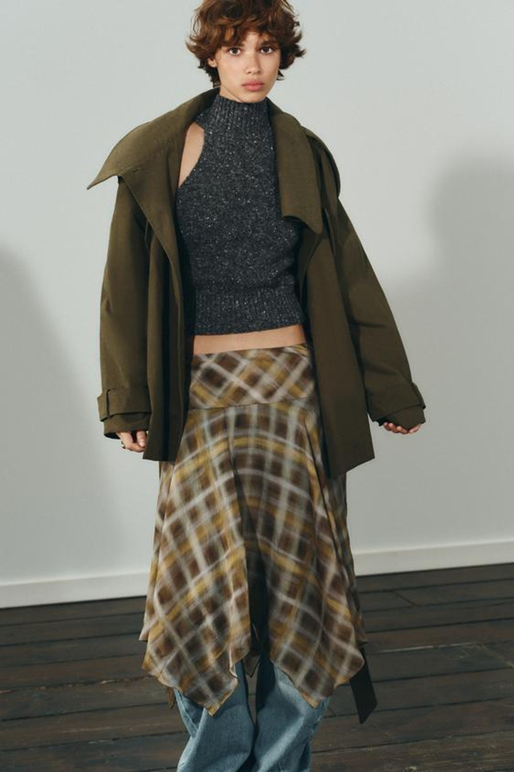 ZARA ЮБКА МИДИ В КЛЕТКУ, ХАКИ