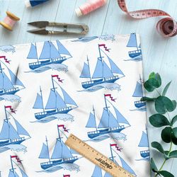 Ткань поплин синие корабли на белом фоне