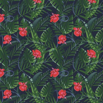 Джунгли в темном, монстера, пальма и гибискус