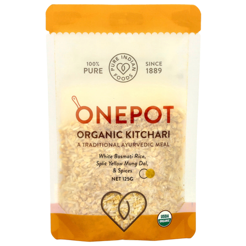 Pure Indian Foods, OnePot, органический кичари, белый рис басмати, желтый мунг дал и специи, 125 г