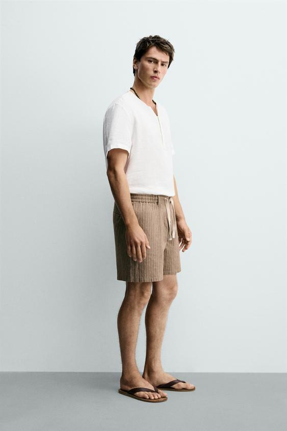 ZARA ШОРТЫ RELAXED FIT ИЗ ХЛОПКА И ЛЬНА, КОРИЧНЕВЫЙ/ЭКРЮ