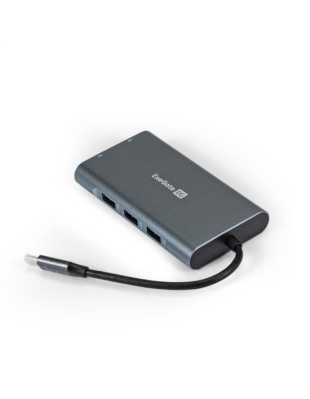 Exegate EX293985RUS Док-станция ExeGate DUB-31C/MAX (кабель-адаптер USB Type-C --&gt; 3xUSB3.0 + Card Reader + PD 100W + HDMI 4K@30Hz + VGA + Audio + Lan RJ45 10/100/1000Mb, Plug&Play, серый)