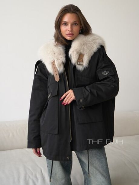 Черная хлопковая парка ARMY с серым мехом песца