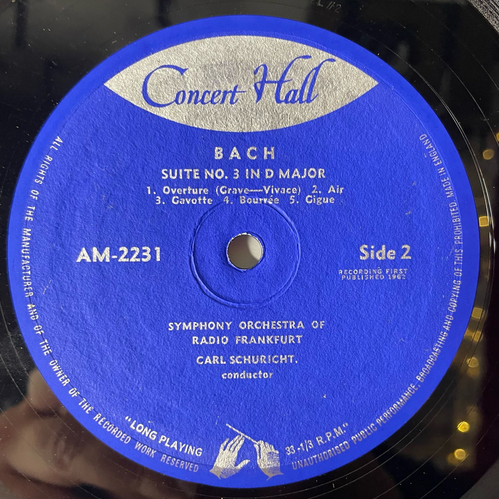 Винтажная виниловая пластинка LP J. S. Bach Бах, Symphonie-Orchester Radio Frankfurt, Suites For Orchestra, No. 2 In B-Minor With Solo Flute. No. 3 In D Major (Германия 1962)