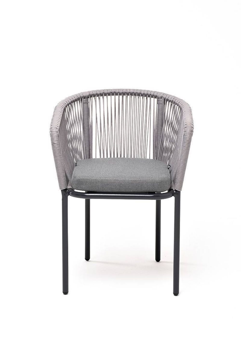 "Марсель" стул плетеный из роупа, каркас алюминий темно-серый (RAL7024) муар, роуп светло-серый круглый, ткань светло-серая