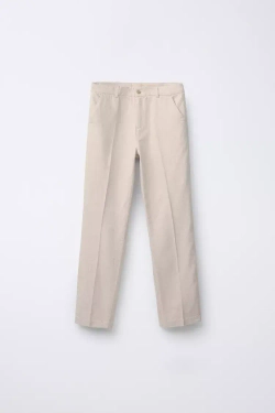 ZARA КОСТЮМНЫЕ БРЮКИ ИЗ ХЛОПКА И ЛЬНА, СВЕТЛО-БЕЖЕВЫЙ