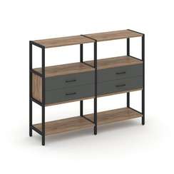 Shelf System Двухсекционный стеллаж трехярусный с ящиками SN.STM-322 Дуб Табак/Антрацит/Металл Черны