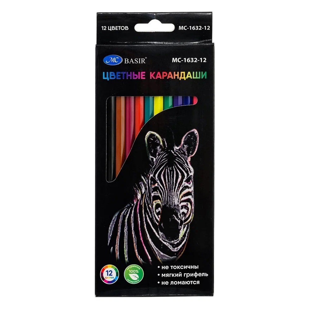 Карандаши цветные, Basir, пластиковые, серия "Зебра", цветная упаковка, 12 шт