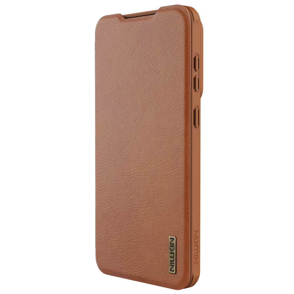 Кожаный чехол книжка коричневого цвета от Nillkin для смартфона Samsung Galaxy S25 Edge, серия Qin Pro Leather с сдвижной защитной шторкой для камеры