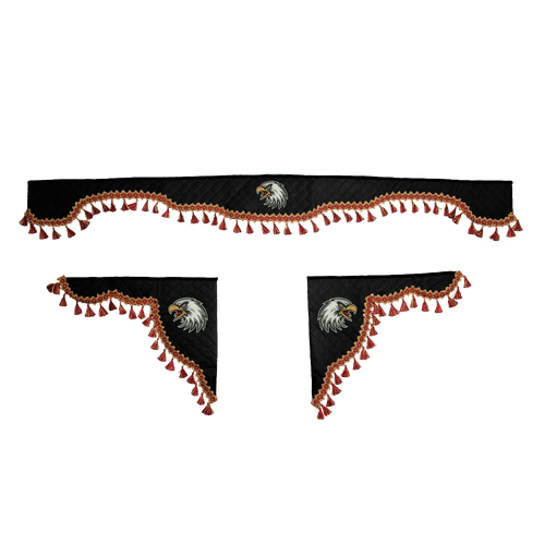 Ламбрекен с косынками универсальные стеганые Орел (экокожа, черный, красные кисточки)