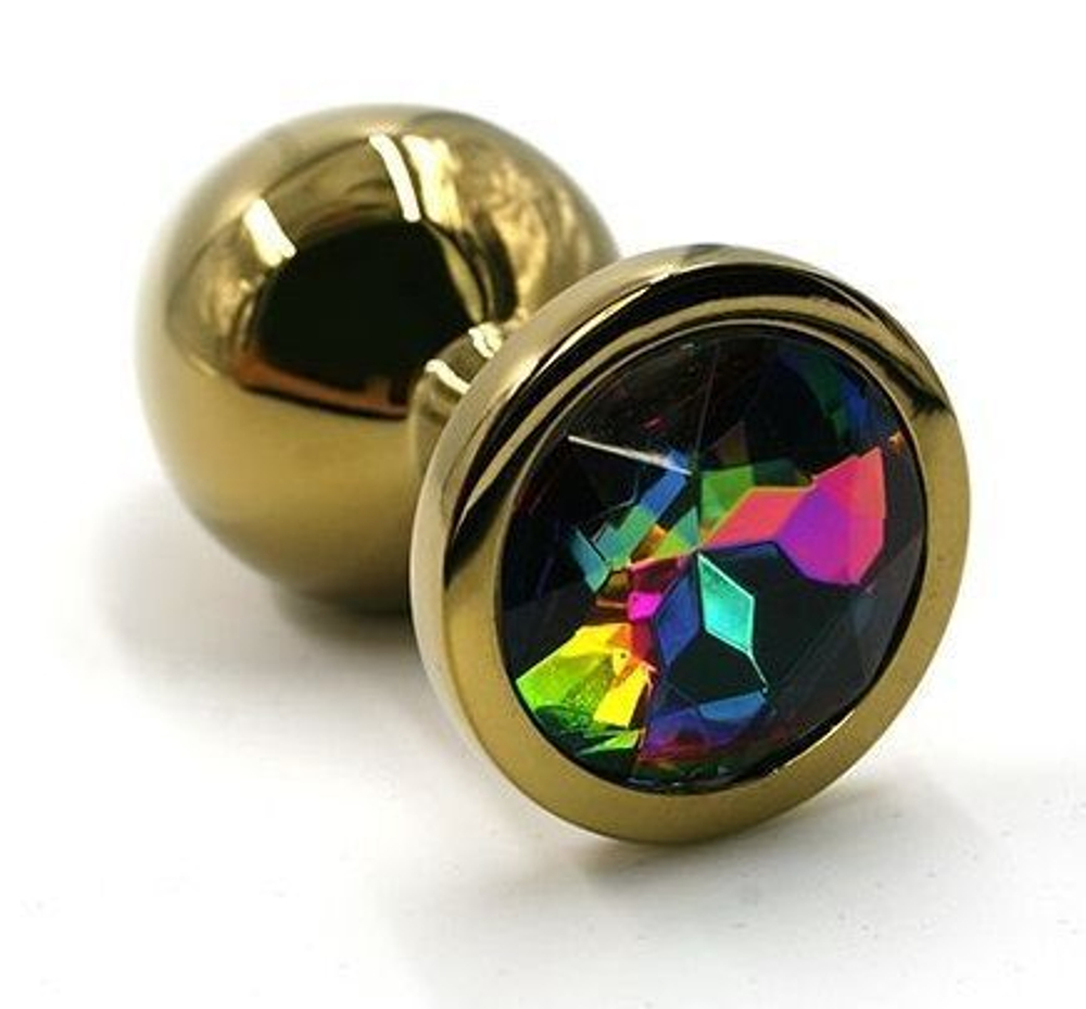 Золотистая алюминиевая анальная пробка с радужным кристаллом - 6 см. (Цвет: разноцветный)