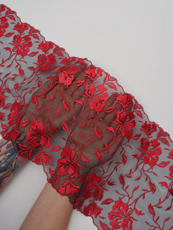 Вышивка на сетке черная с красным неэластичная ширина 23 см отрез 1 м