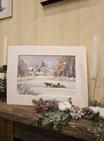 Картина авторская акварельная в паспарту 30х40 см на стену для интерьера "Зима в селе"