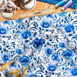 Ткань премиум шелк искусственный Армани цветочная фатназия в голубых тонах