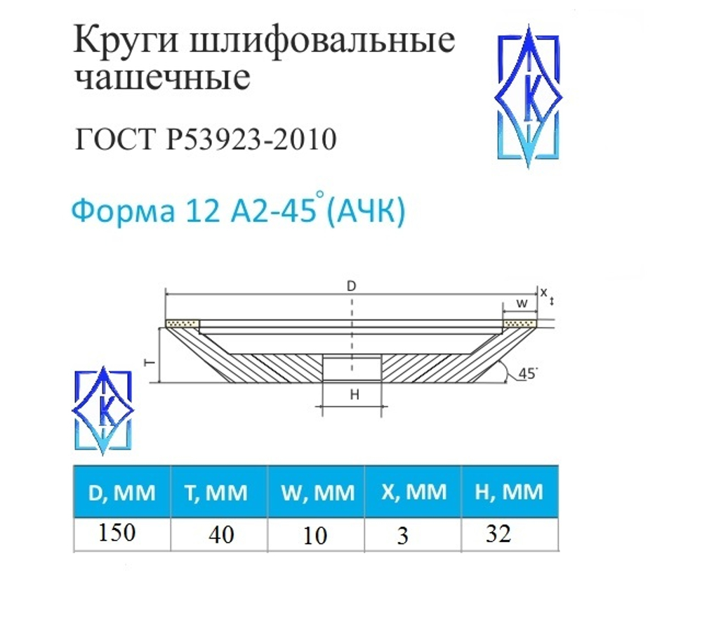 Круг алмазный шлифовальный 12А2-45 150х10х3х32 АС6 В2-01 100%