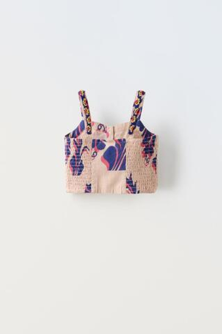 ZARA ТОП С ПРИНТОМ И БУСИНАМИ, СИНИЙ