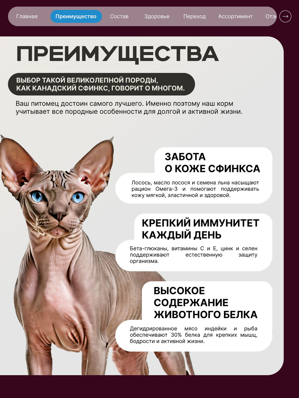 Корм сухой для взрослых кошек породы Канадский сфинкс, с лососем, 2 кг, QUATTRO