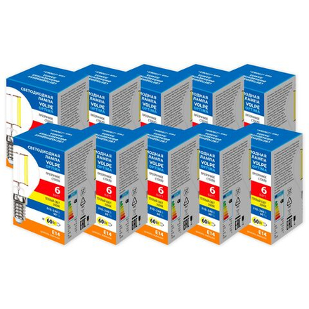 LED-G45-6W-3000K-E14-CL-SLF Набор из 10штук Лампа светодиодная. Форма шар. прозрачная. Серия Optima Филамент. Теплый белый свет 3000K. ТМ Volpe