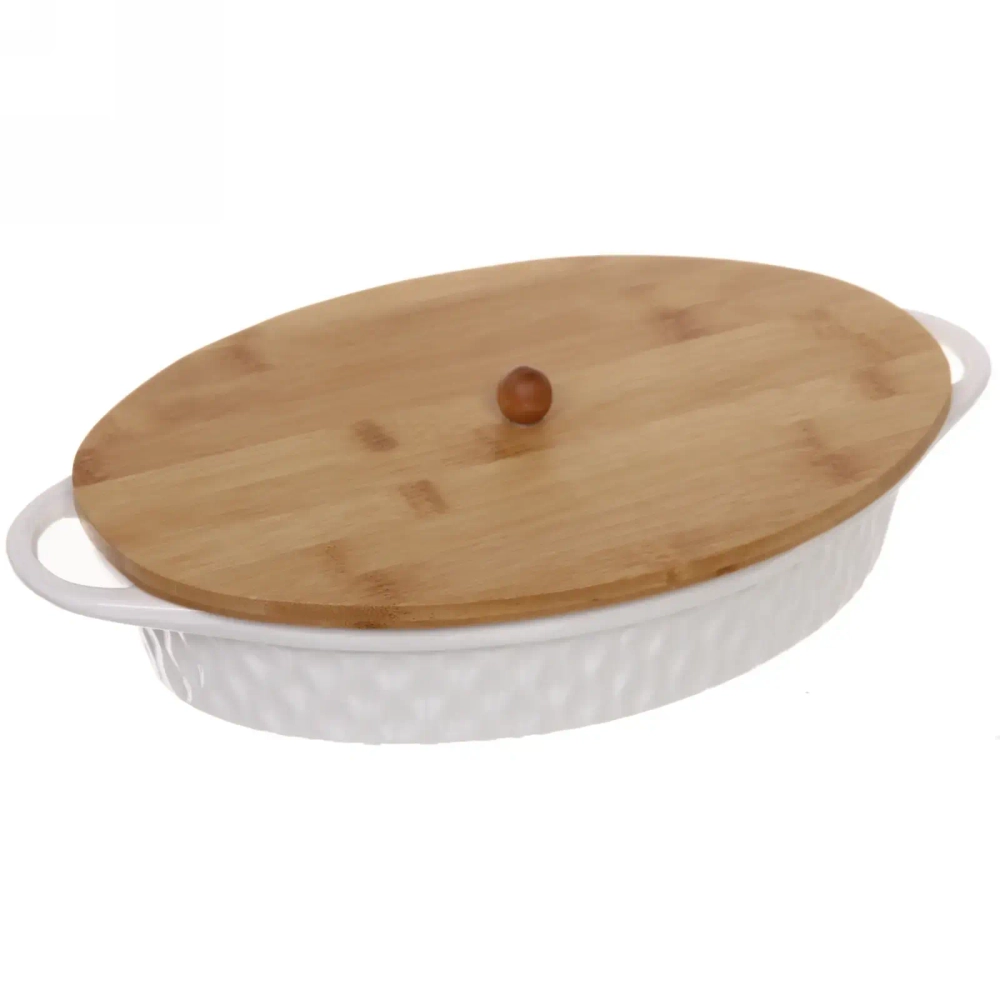 Форма для запекания керамическая «White magic» 29*20см с бамбуковой крышкой
