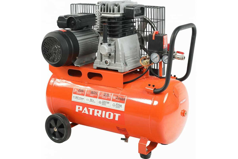 Компрессор Patriot поршневой ременной PTR 50-360I, 360 л/мин, 10 бар, 2200 Вт, 50 л, быстросъемный 1/4" + "елочка"