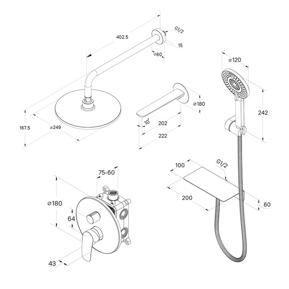 Душевая система 35к Milardo RORSB03M68 "Rora" лейка "Тропический душ" встраиваемая ХРОМ
