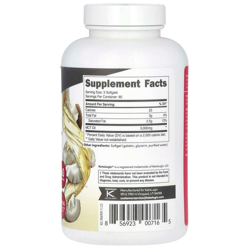 KetoLogic, Масло MCT, 180 капсул (1000 мг в каждой капсуле)