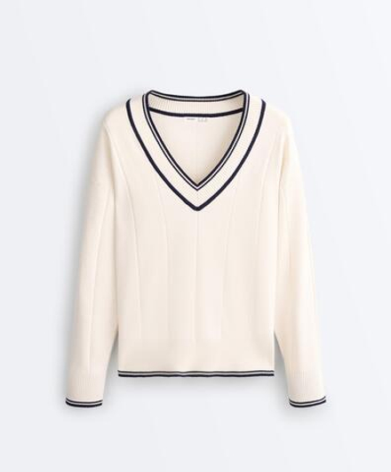 Oysho Вязаный свитер с V-образным вырезом и контрастом, светлый экрю