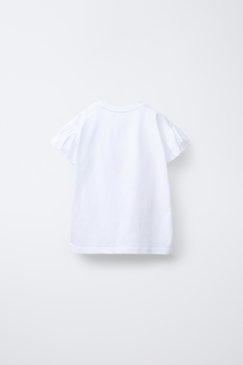 ZARA ФУТБОЛКА С ПРИНТОМ И ВОЛАНАМИ, БЕЛЫЙ