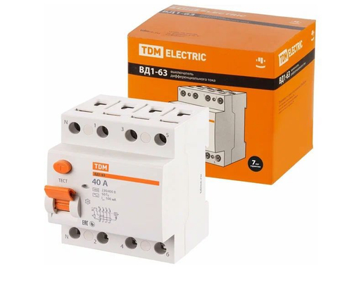 Выключатель дифференциальный УЗО ВД1-63 4Р 40А TDM