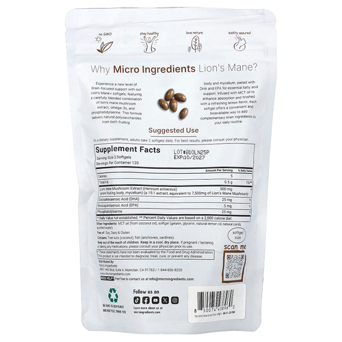 Micro Ingredients, ежовик гребенчатый с омега-3 (ДГК и ЭПК) фосфатидилсерином, лимон, 240 капсул