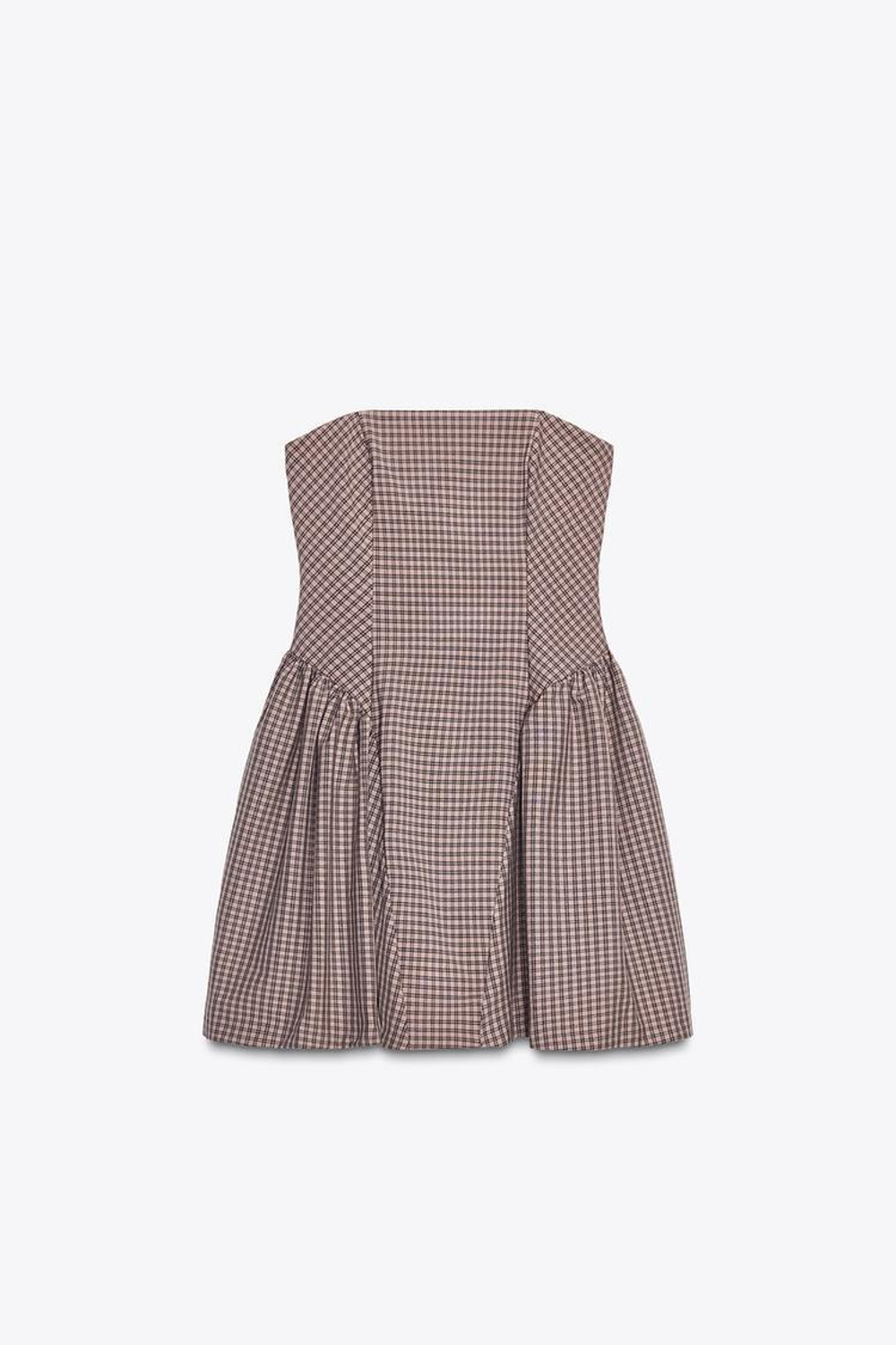 ZARA КОРОТКОЕ ПЛАТЬЕ БЕЗ БРЕТЕЛЕЙ В КЛЕТКУ ВИШИ, ПЫЛЬНЫЙ РОЗОВЫЙ