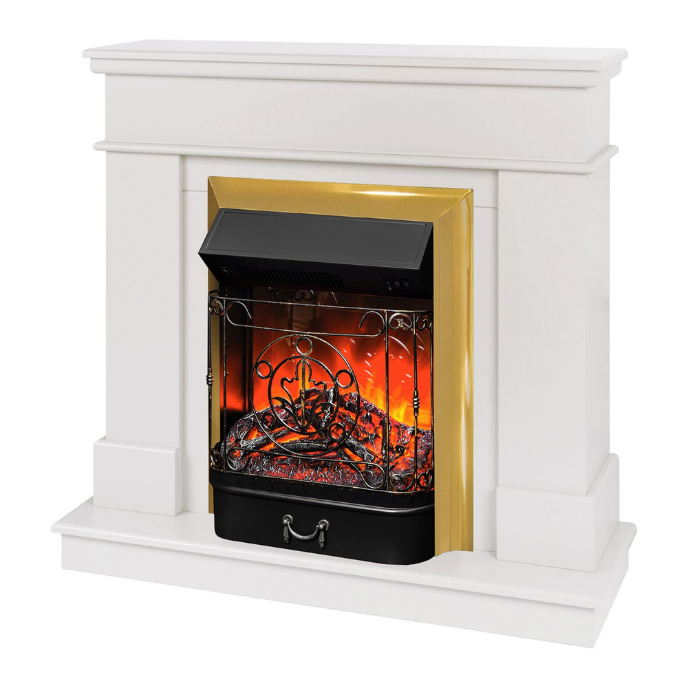 Электрокамин RealFlame Selena STD WT молочный с очагом Majestic Lux Brass