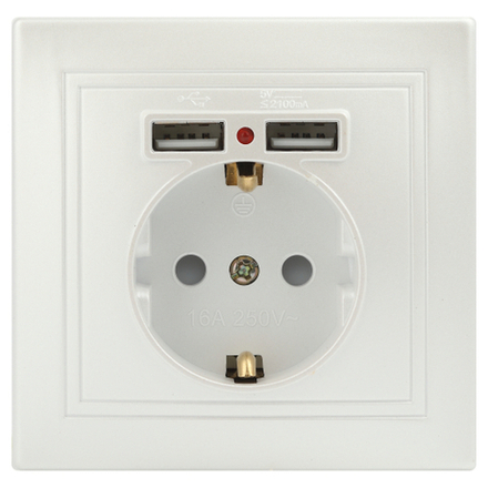 Розетка Intro Plano 1-410-06 с заземлением 2P+E Schuko со шторками 16А-250В + 2хUSB 5В-2 1А IP20 СУ перламутр