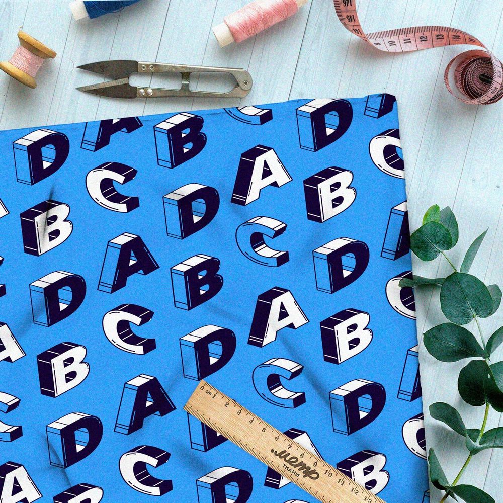 Ткань бязь объёмные буквы на синем фоне