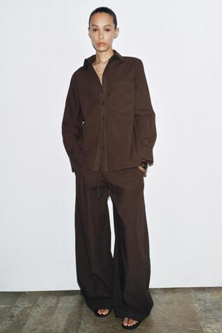 ZARA БРЮКИ WIDE-LEG ИЗ ПОПЛИНА — ZW COLLECTION, КОРИЧНЕВЫЙ