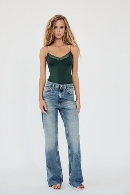 ZARA БОДИ С КРУЖЕВОМ, ТЕМНО-ЗЕЛЕНЫЙ