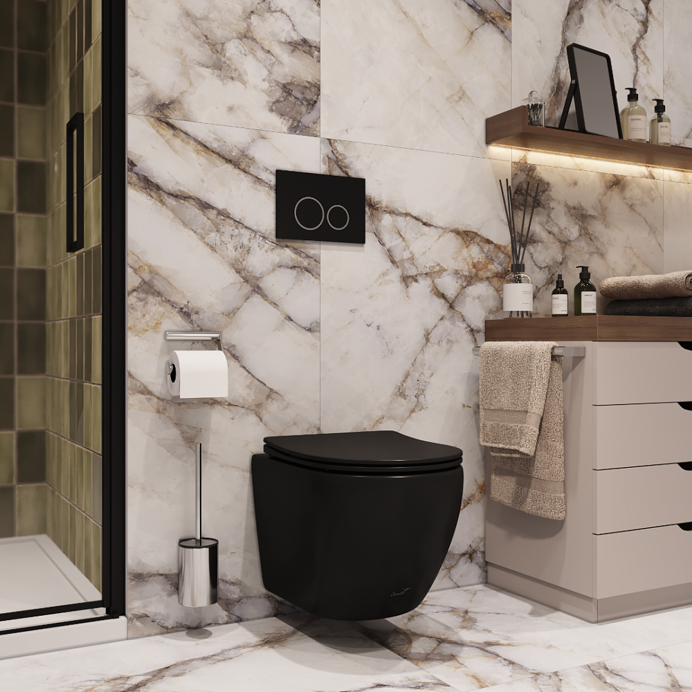 Унитаз подвесной Ceruttispa ТИЧИНО (TICINO) Aria MB CT8918 черный матовый, ТЕРМООБЖИГ (не плёнка) безободковый (485х365х350)