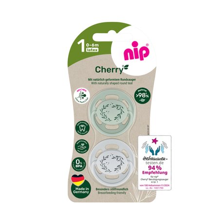 NIP Соска пустышка, латекс "Cherry Green", размер 1 (0-6), зеленый/серый
