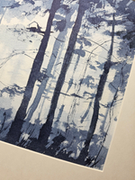 Картина авторская акварельная в паспарту 30х40 см на стену для интерьера "Лес цвета ИНДИГО"