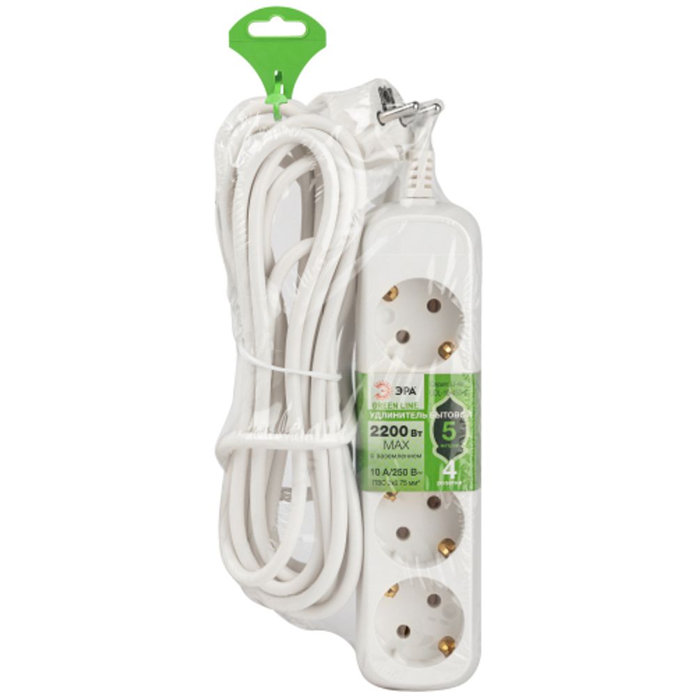 Удлинитель электрический ЭРА UDL-10-450-E Greenline 4 розетки с заземлением 5м ПВС 3x0.75мм2 | Бытовые удлинители