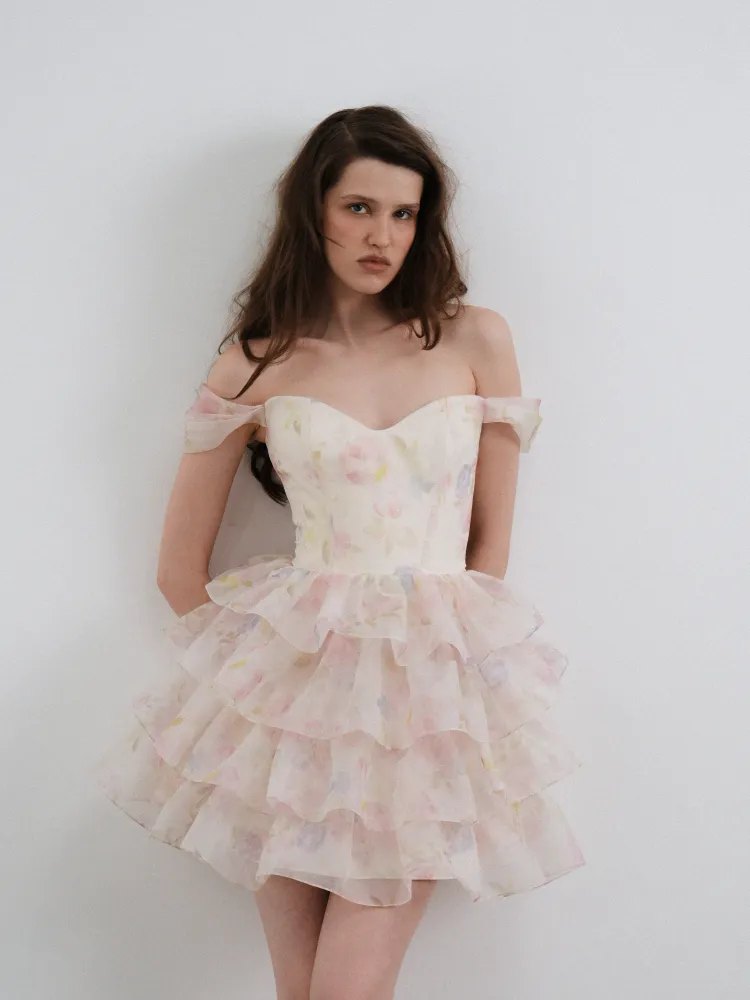 Лисен мини (Lisen mini), платье мини корсетное из молочной органзы с цветочным принтом