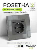 Розетка с заземлением одинарная из стекла с USB и Type-C