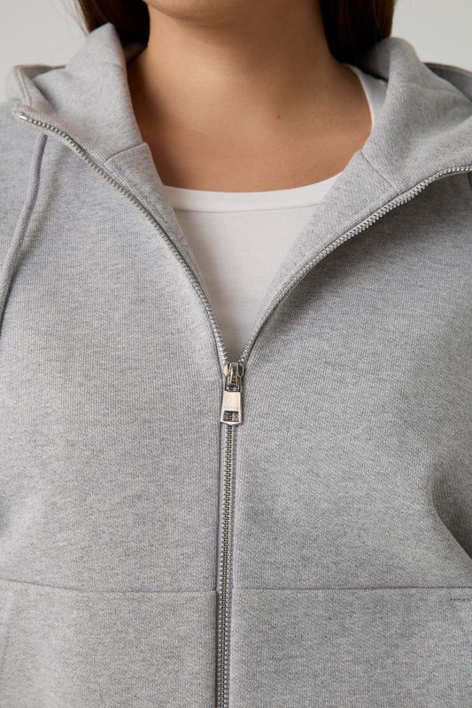 Худи на молнии из футера с капюшоном, серый меланж