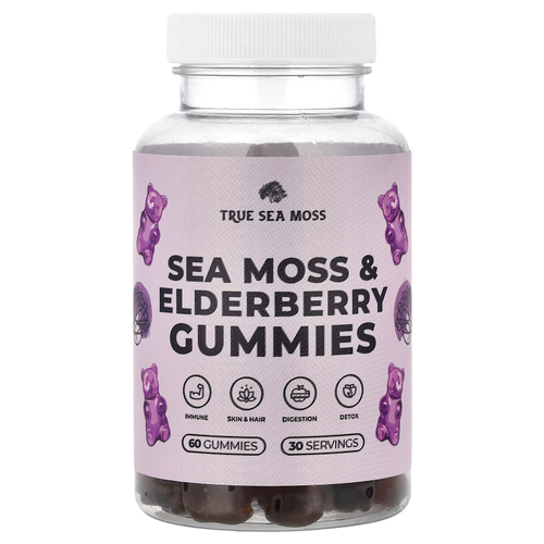 True Sea Moss, Жевательные мармеладки с морским мохом и бузиной, 60 шт.