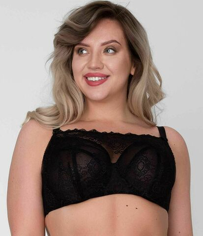 Бюстгальтер-топ с сетчатыми мягкими чашками +size и гипюром поверх (Размер: 65L) (Цвет: черный)