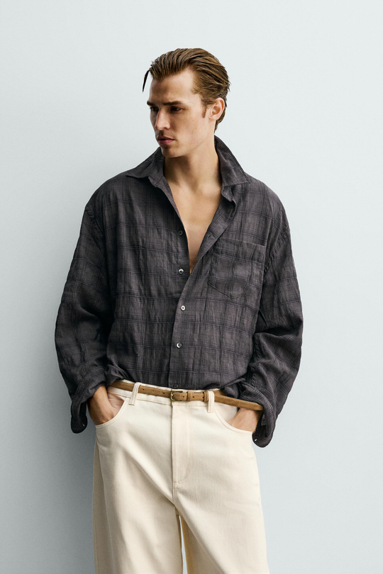ZARA РУБАШКА RELAXED FIT В КЛЕТКУ, АНТРАЦИТОВО-СЕРЫЙ